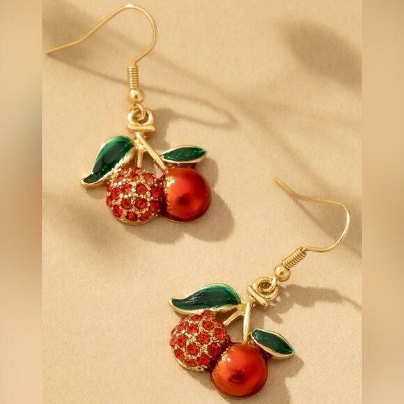 RHINESTONE CHERRY DROP EARRINGS - Picture 1 of 2